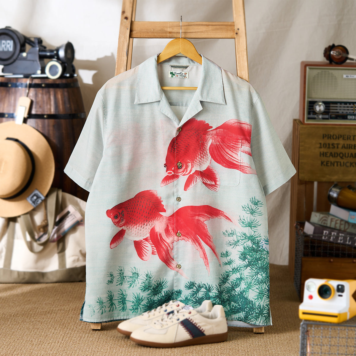 夏水金魚図」浮世絵風プリント入りキューバカラーシャツ – Karakubuy