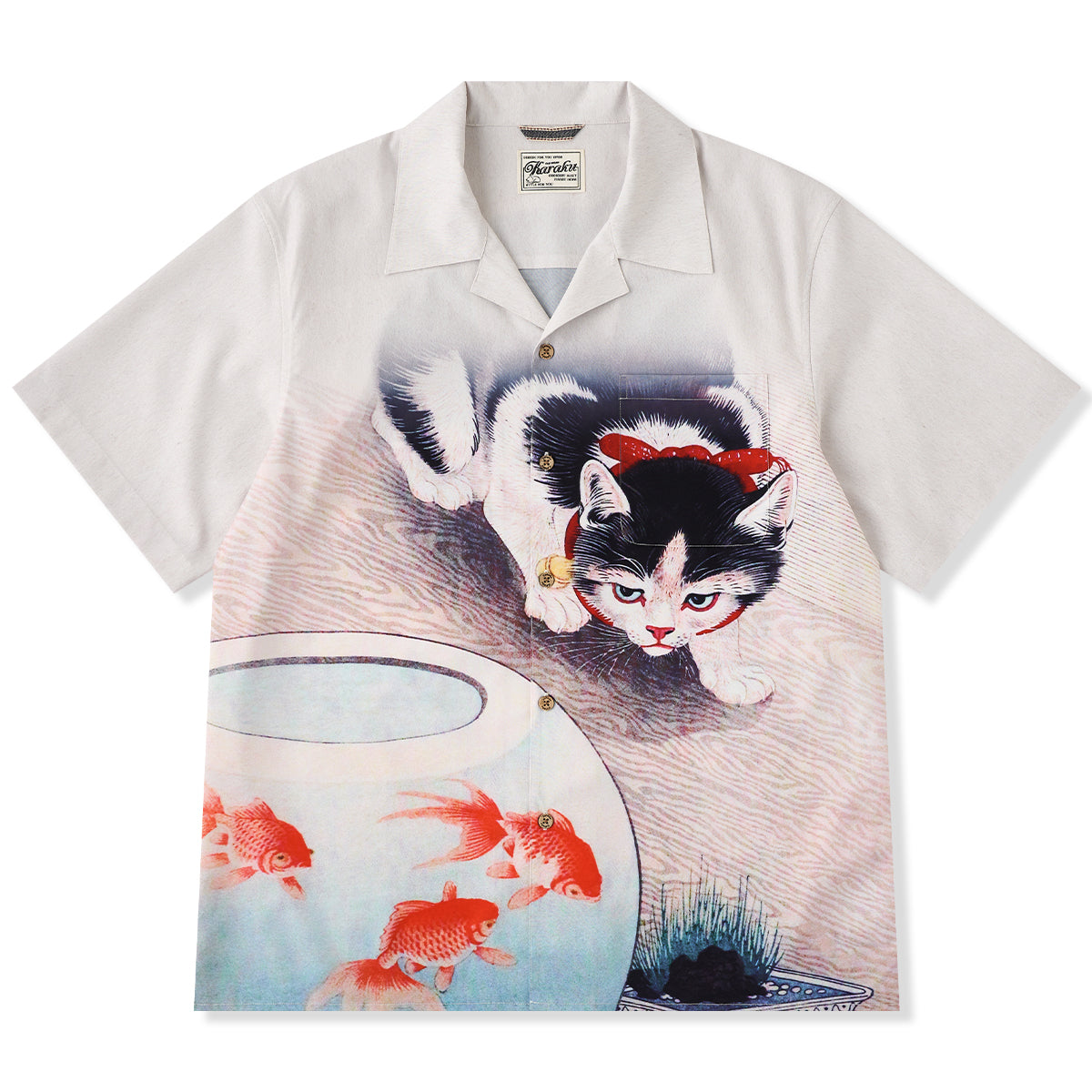 小原古邨「猫と金魚鉢の中で泳ぐ金魚たち」浮世絵風アロハシャツ
