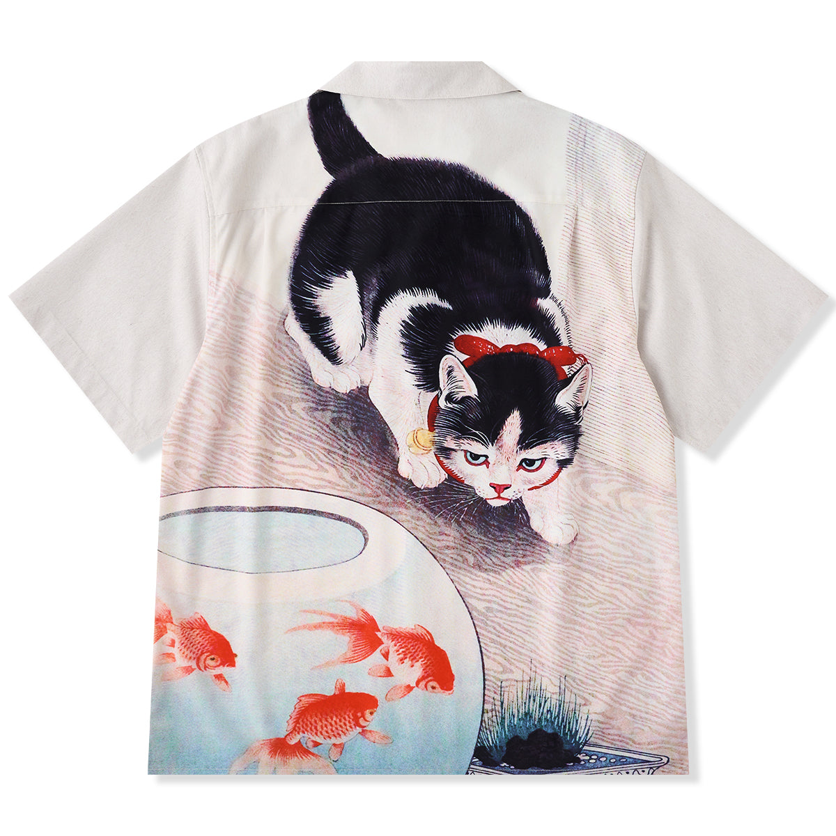 小原古邨「猫と金魚鉢の中で泳ぐ金魚たち」浮世絵風アロハシャツ