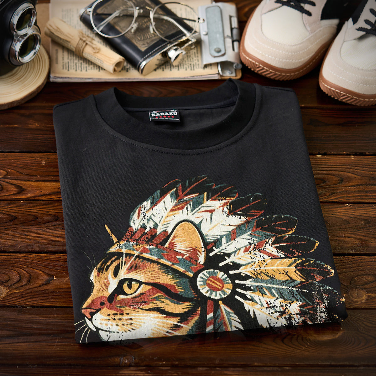 インディアン酋長猫」プリント＆karaku刺繍入りコットンTシャツ