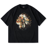 「インディアン酋長猫」プリント＆karaku刺繍入りコットンTシャツ