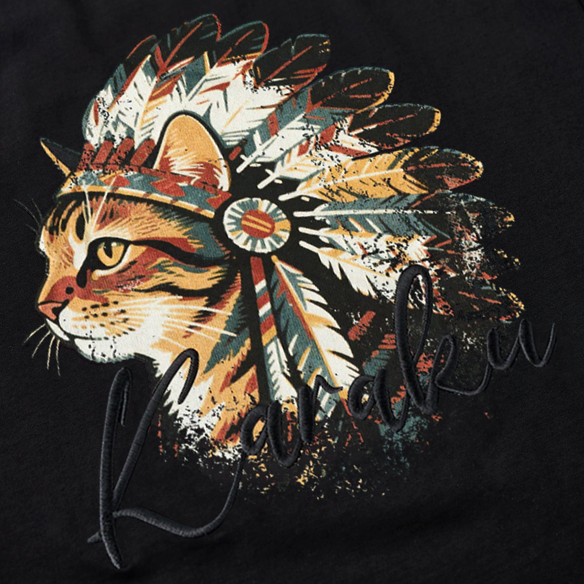 インディアン酋長猫」プリント＆karaku刺繍入りコットンTシャツ
