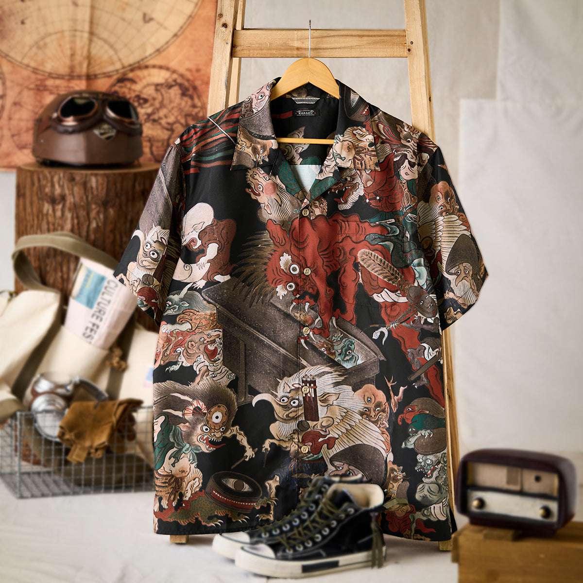 室町時代「妖怪絵巻」浮世絵総柄オープンカラーシャツ – Karakubuy