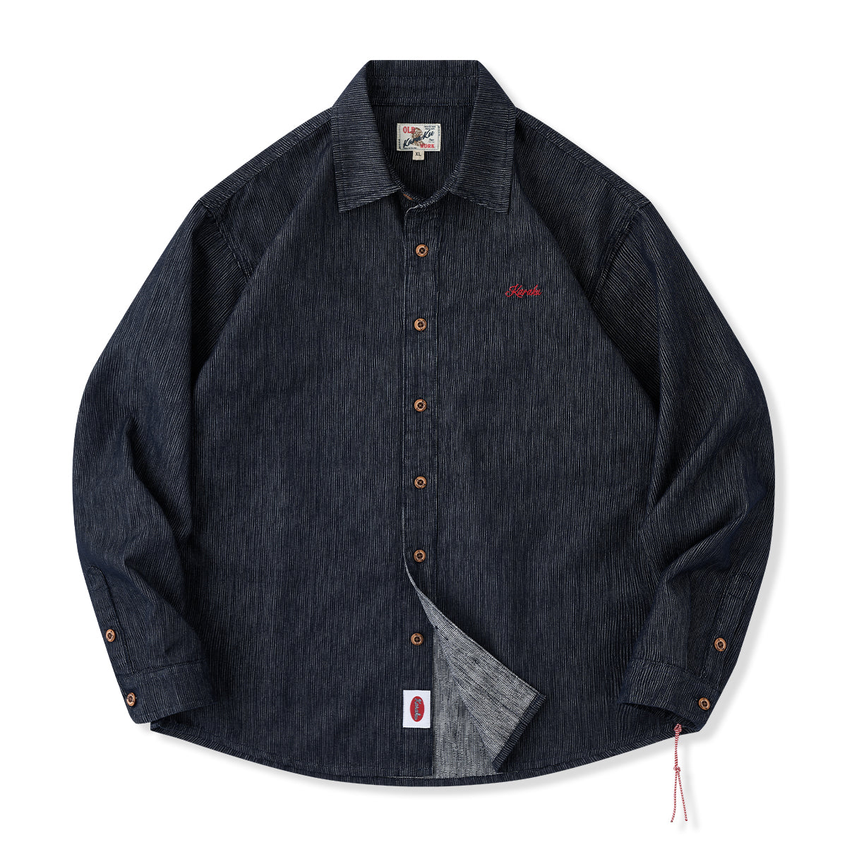 紅白ヒモ付き 「KARAKU」刺繍ワッペン入り ドビー織りストライプデニム