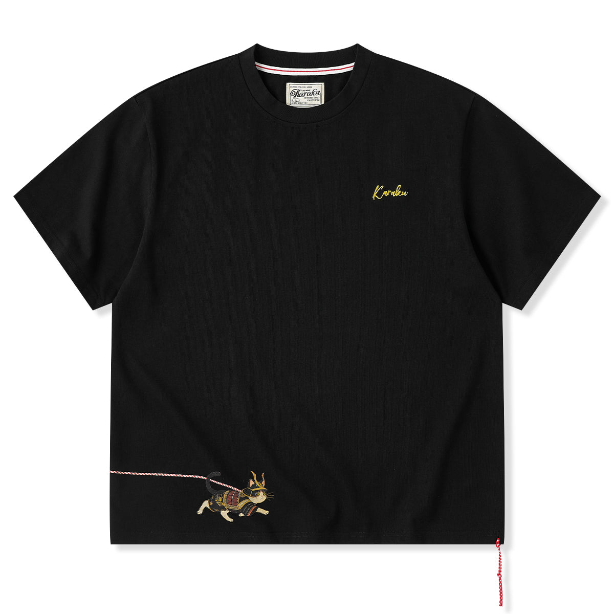 OKAYu様 TシャツブラウンC、黒 赤ヒモ付き 「猫と相棒武士」前後アシンメトリープリントコットンT