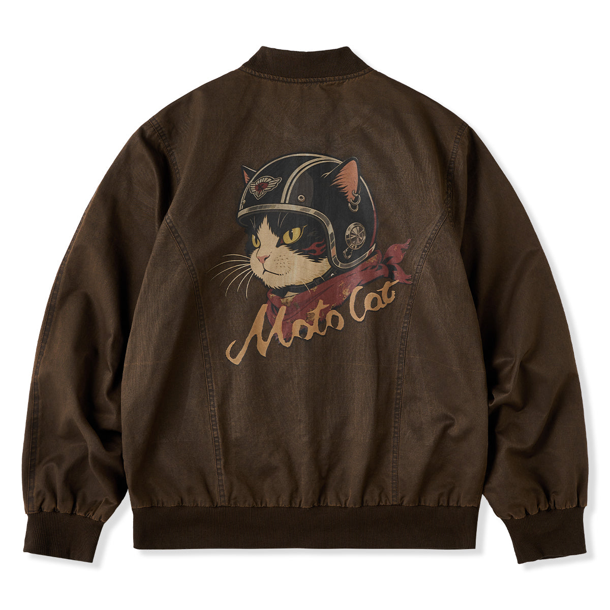 ヘルメットを被った猫」プリント入り ウォッシュド加工スタジャン