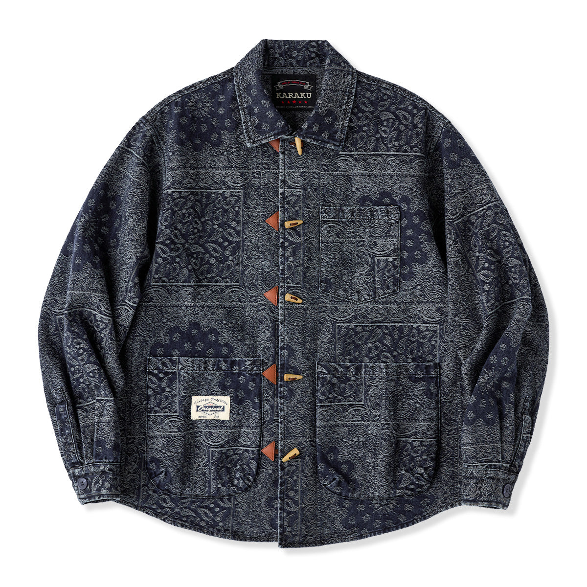 木調トグルダッフルボタン付き ペイズリー柄ジャカード織りデニム