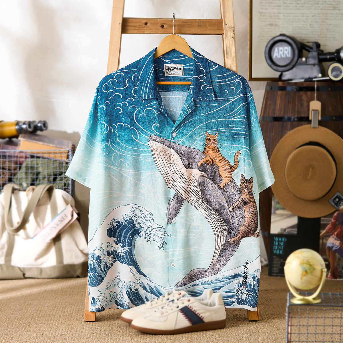 KaraKux365CAT.ART」刺繡入り 鯨と泳ぐ猫 アロハシャツ – Karakubuy