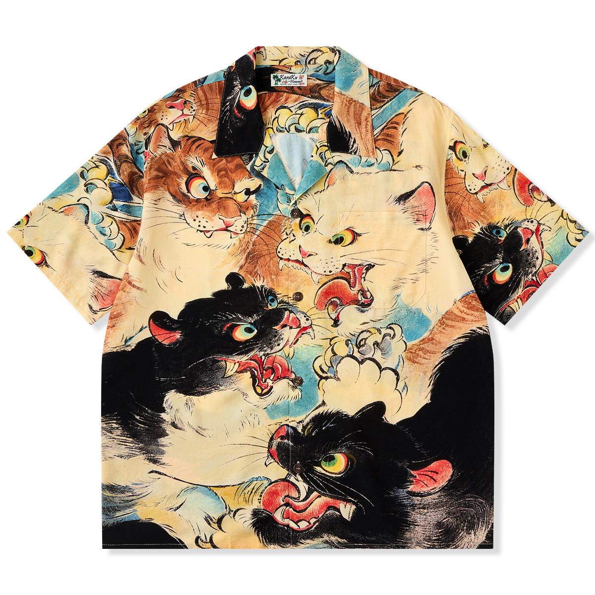karaku 赤波ノ影猫 浮世絵風 アロハシャツ メンズ karaku 赤波ノ影猫 浮世絵風 アロハシャツ