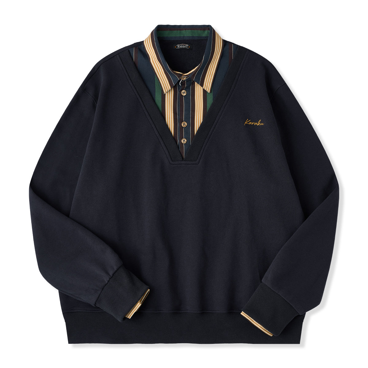 フェイクレイヤード仕様 マルチストライプシャツ＆Vネックプルオーバー