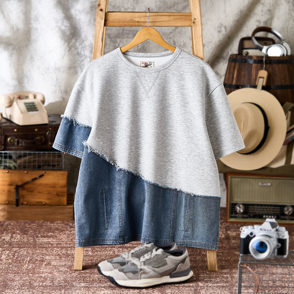 再構築 デニムxダンボールニット切替アシンメトリーTee – Karakubuy