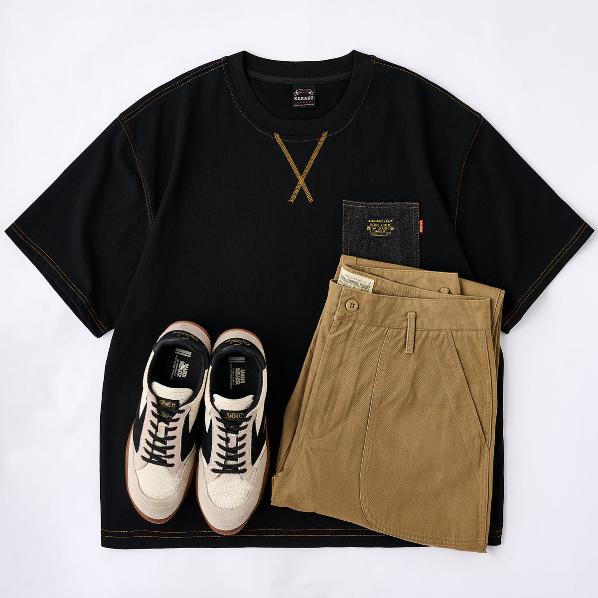 レトロオレンジステッチ入り 異素材デニムポケット付き半袖コットンTee