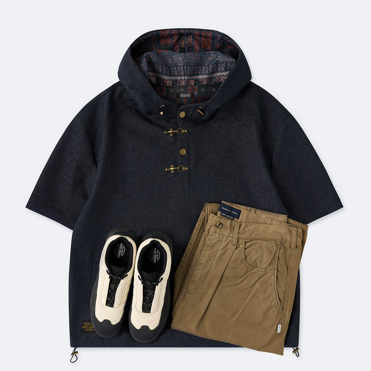 Karaku×川又聡「夢豹」ターコイズ調ボタン付きオープンカラーシャツ