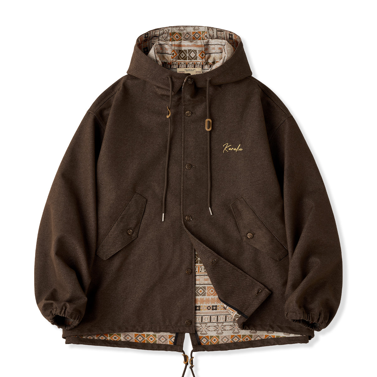 Karaku」刺繡ロゴ 裏エスニック調柄フード付きデニムジャケット