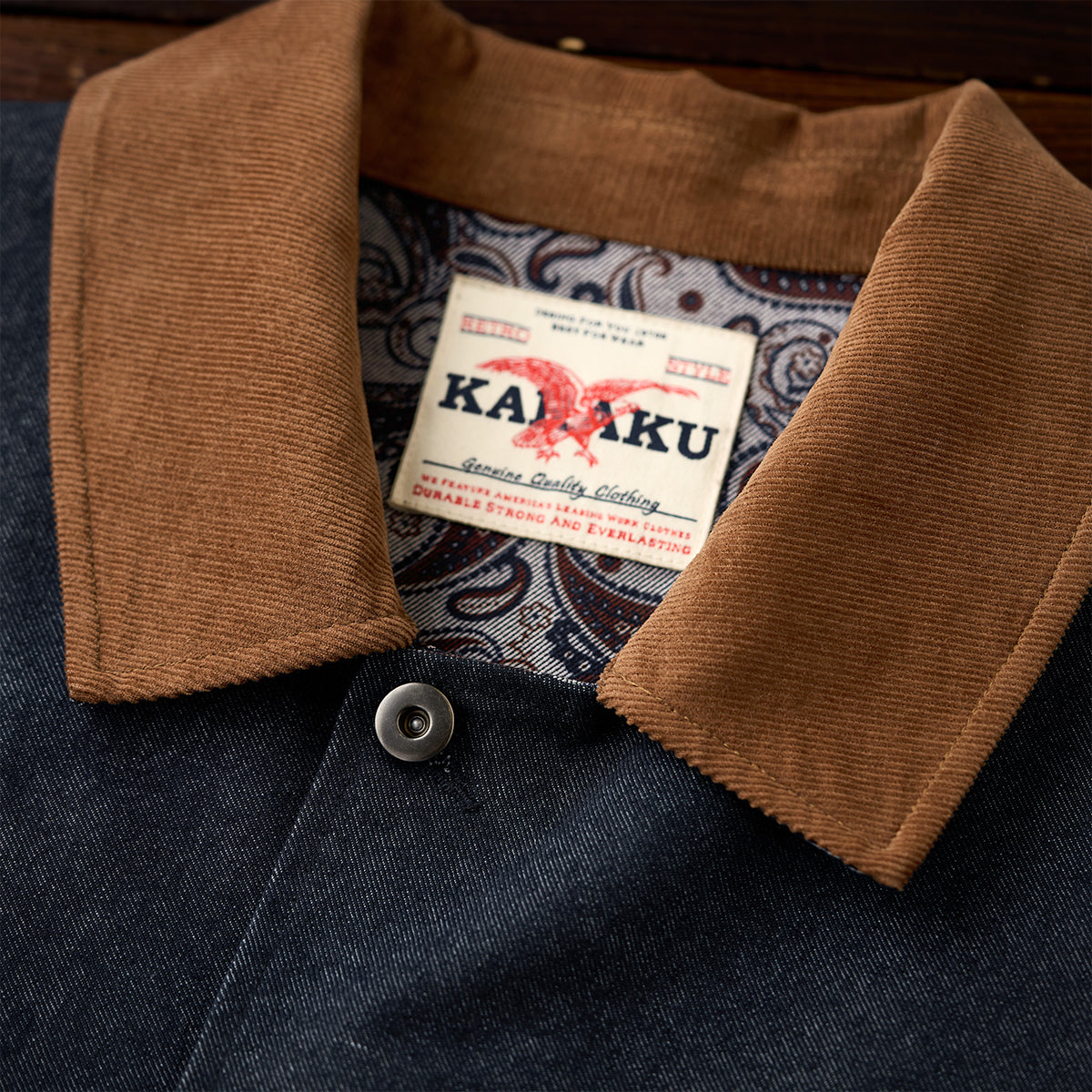 襟・袖裏コーデュロイ 「KaraKu」刺繡入り裏ペイズリー総柄デニム