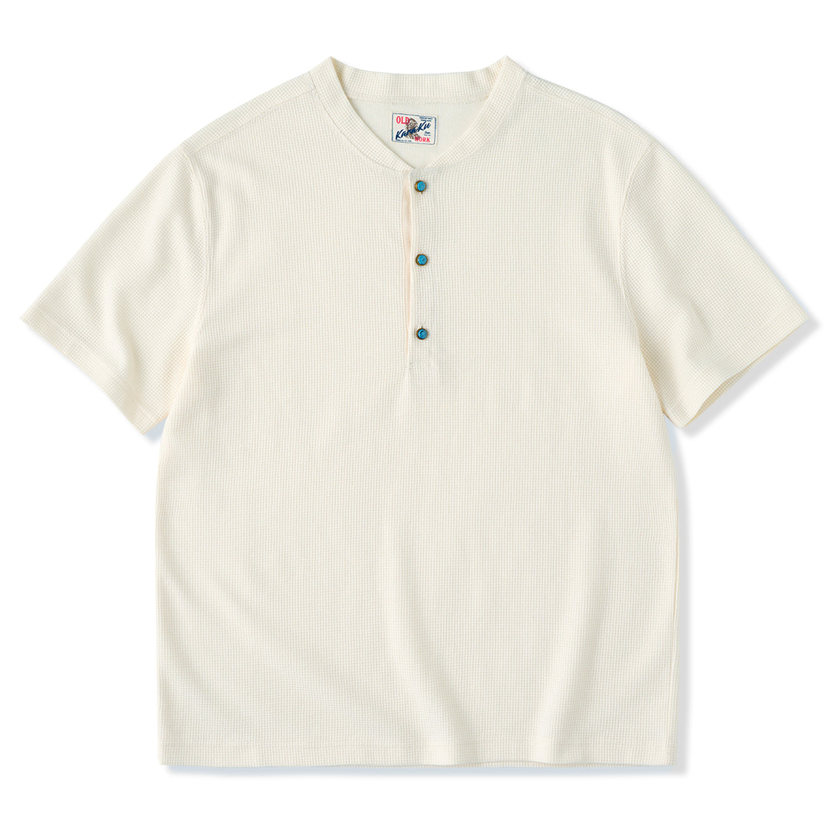 ターコイズ風ボタン付き ワッフルヘンリーTシャツ – Karakubuy