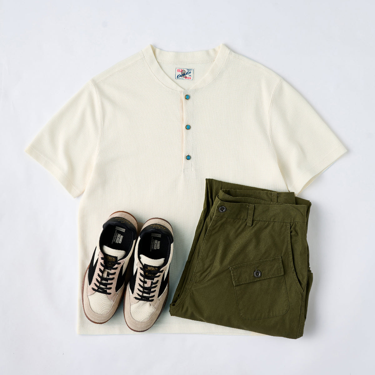 ターコイズ風ボタン付き ワッフルヘンリーTシャツ – Karakubuy
