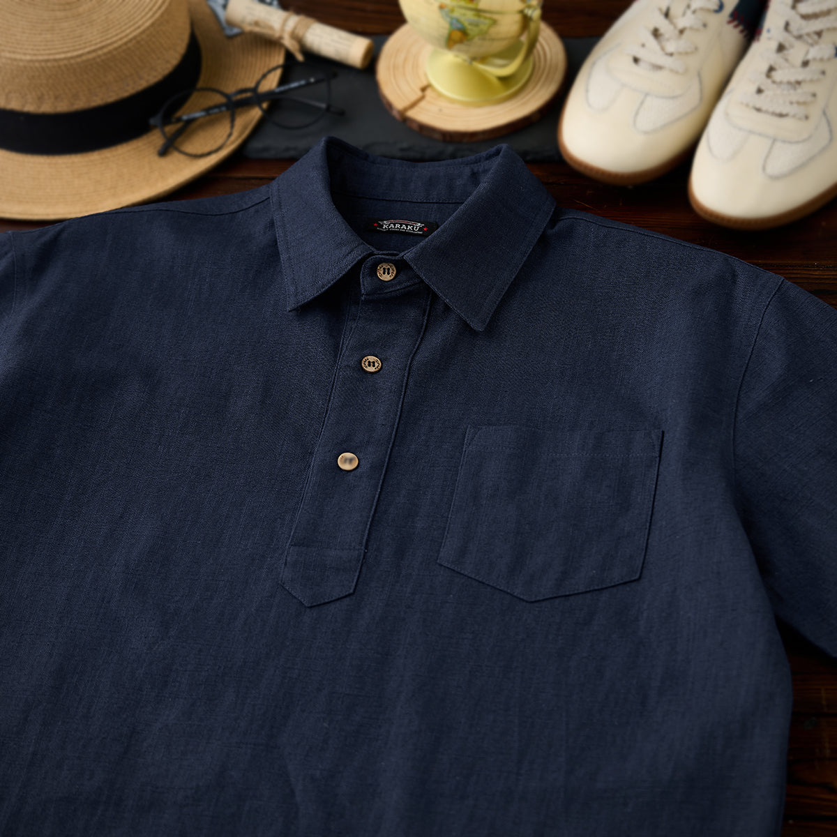 NAVY ハーフボタンコットンリネンポロシャツ – Karakubuy