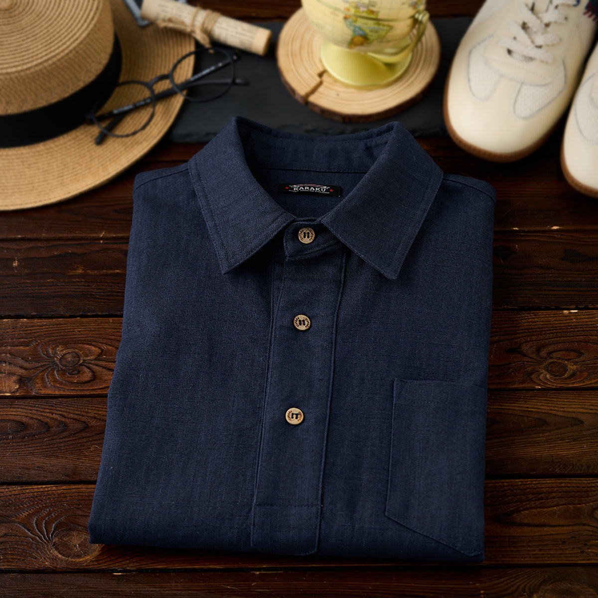 NAVY ハーフボタンコットンリネンポロシャツ – Karakubuy
