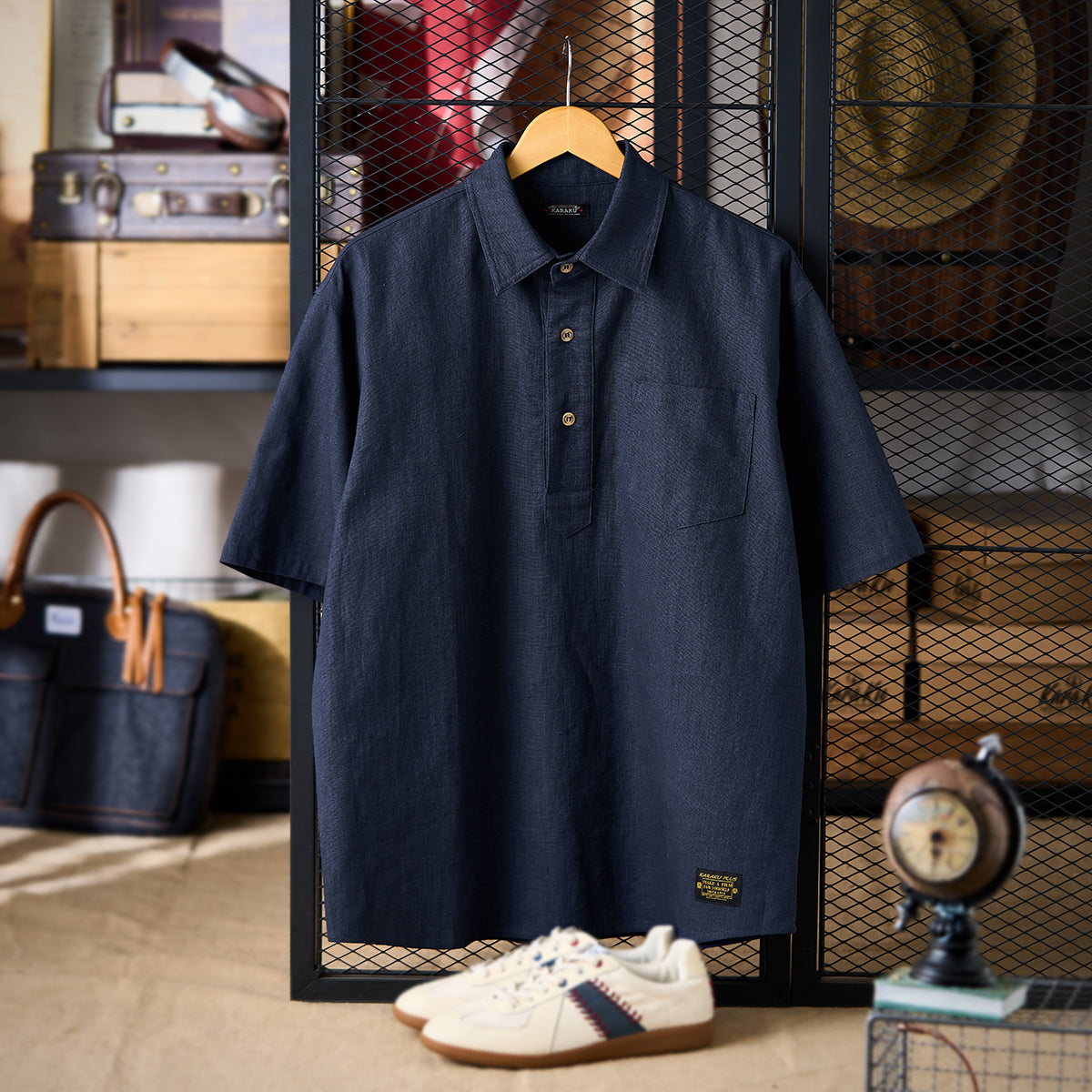 NAVY ハーフボタンコットンリネンポロシャツ – Karakubuy