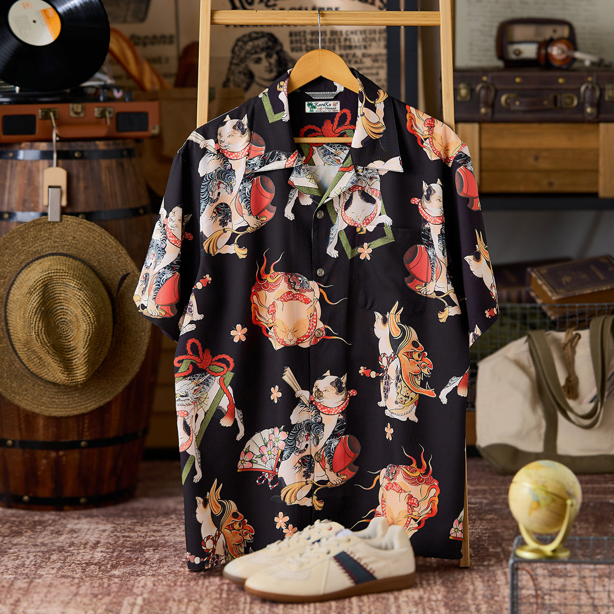 和猫百態」総柄 浮世絵風プリント入りアロハシャツ – Karakubuy