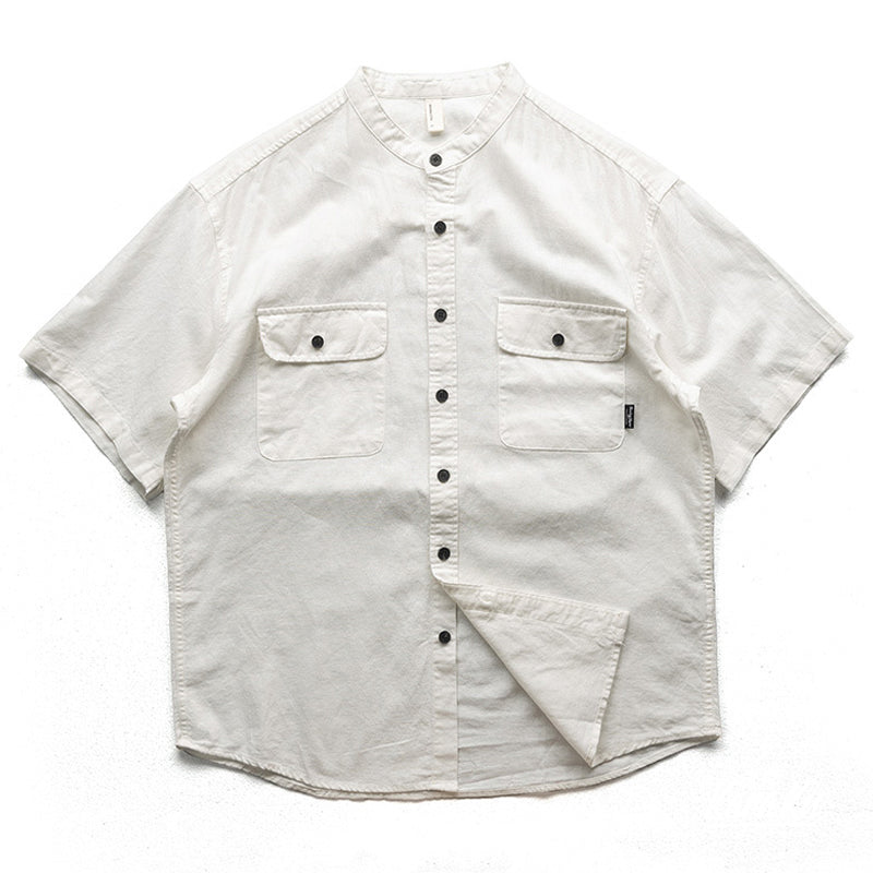 スタンドカラー フラップポケット付き半袖綿麻シャツ – Karakubuy