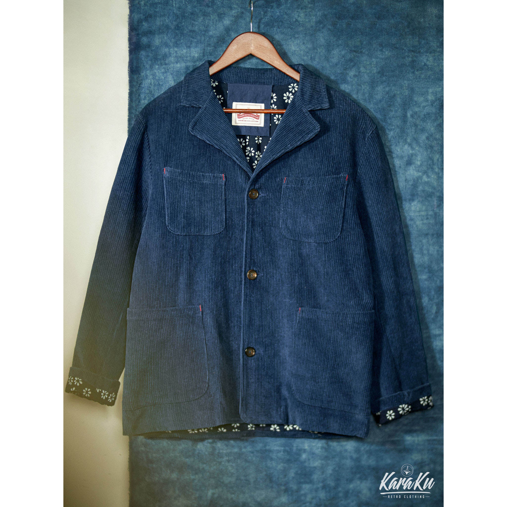 【KARAKU】コーデュロイ　藍染ビンテージフレンチワークジャケット