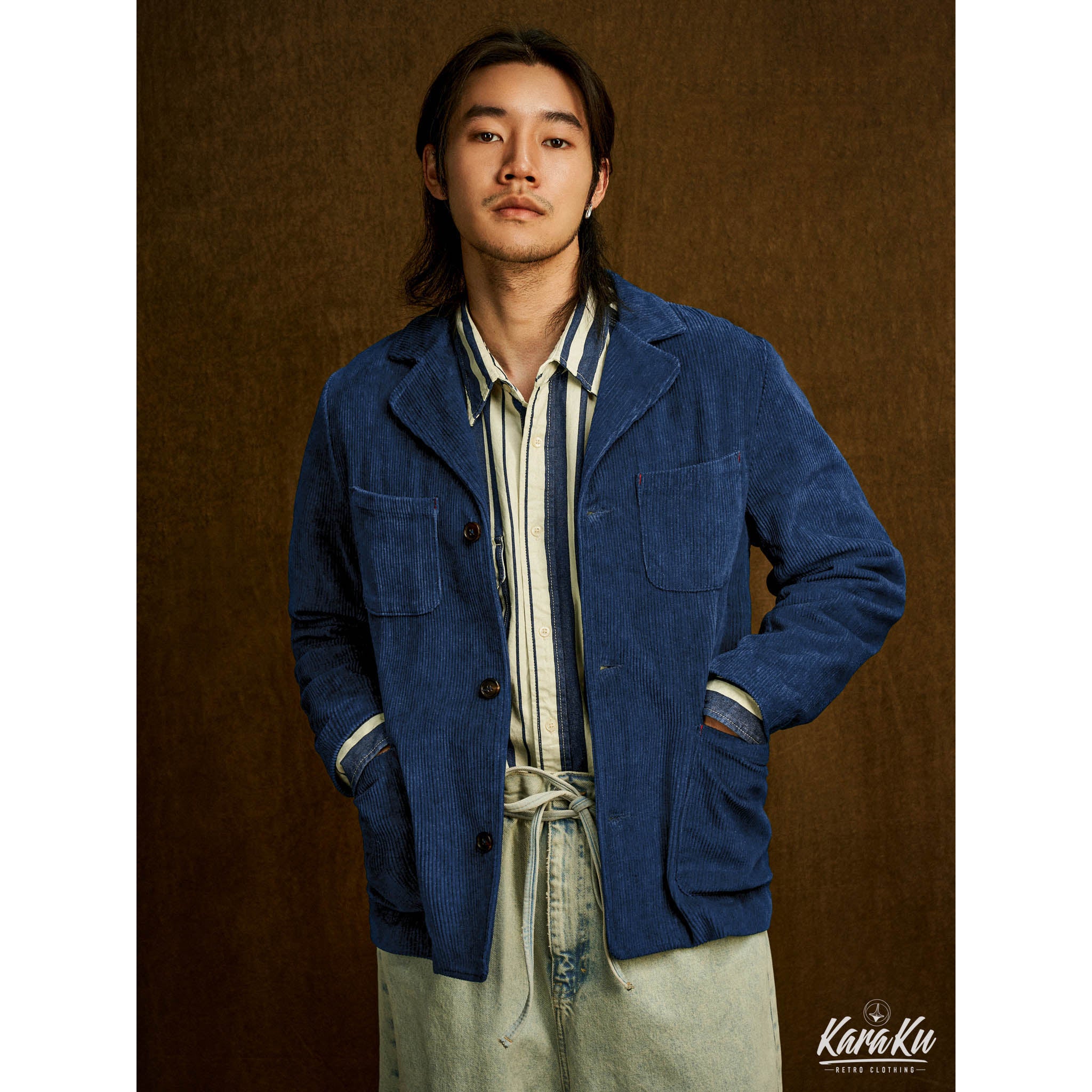 【KARAKU】コーデュロイ　藍染ビンテージフレンチワークジャケット