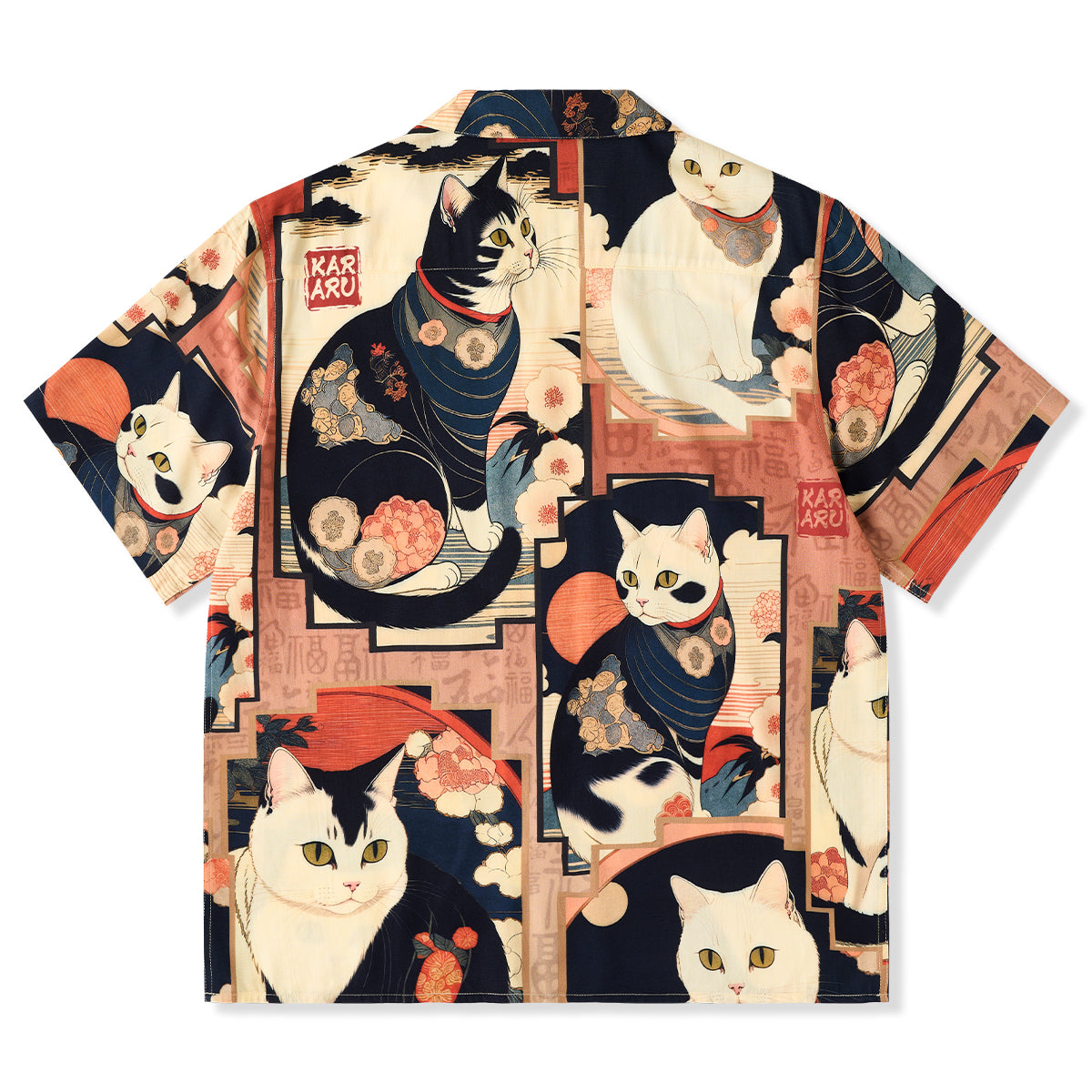 明治時代・猫」浮世絵風総柄プリント入りアロハシャツ – Karakubuy