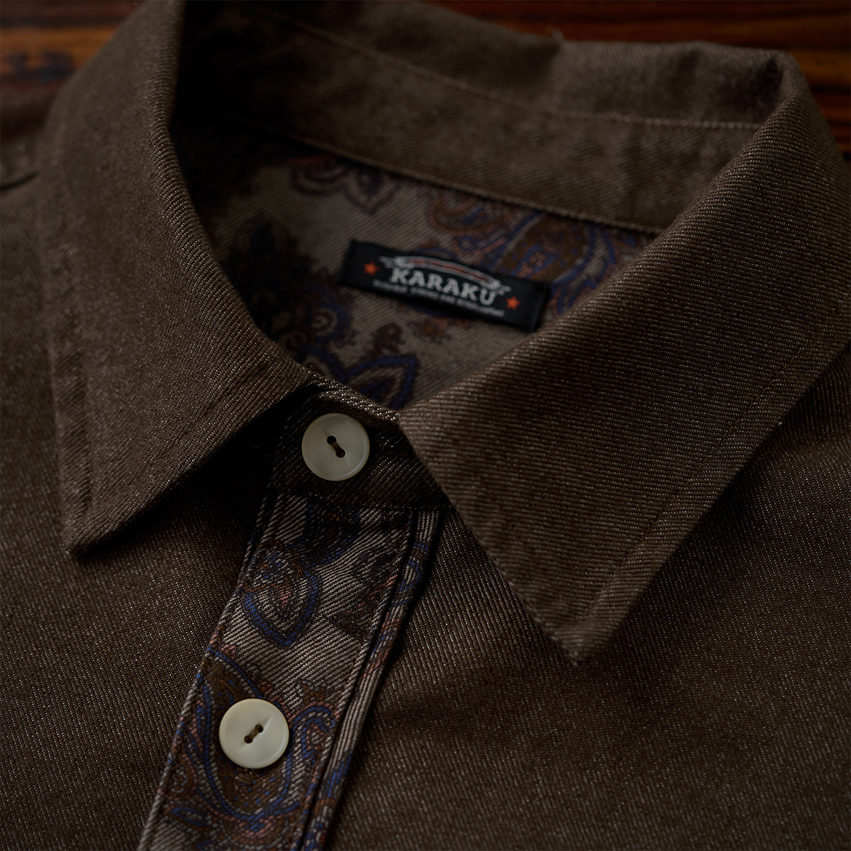 Karaku」刺繍入り 裏ペイズリー柄デニム長袖シャツ – Karakubuy