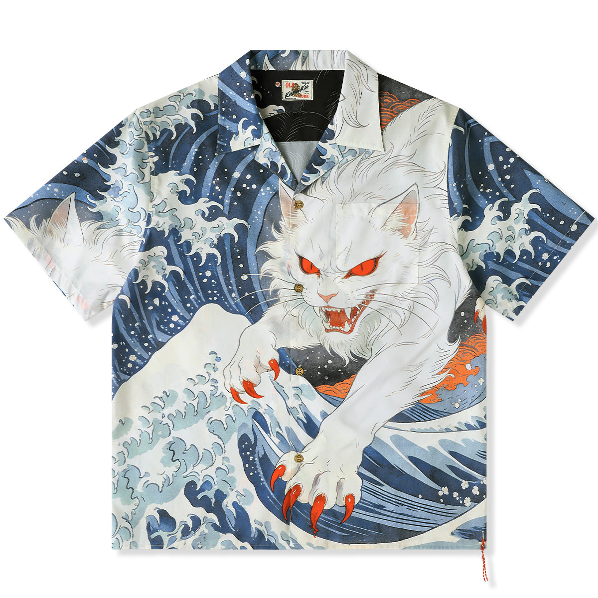 沖浪裏・踏波化け猫」前後アシンメトリープリントオープンカラーシャツ