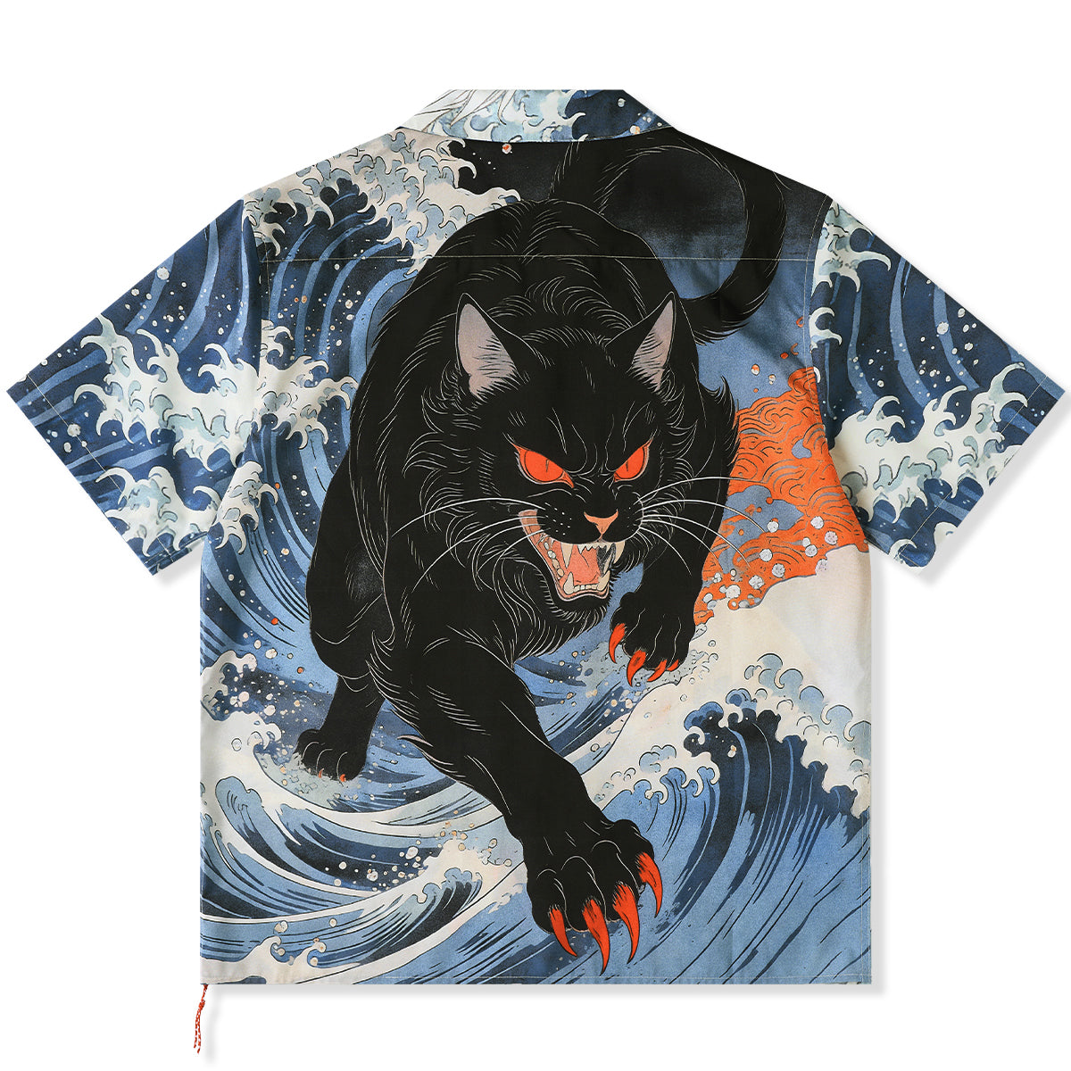 沖浪裏・踏波化け猫」前後アシンメトリープリントオープンカラーシャツ