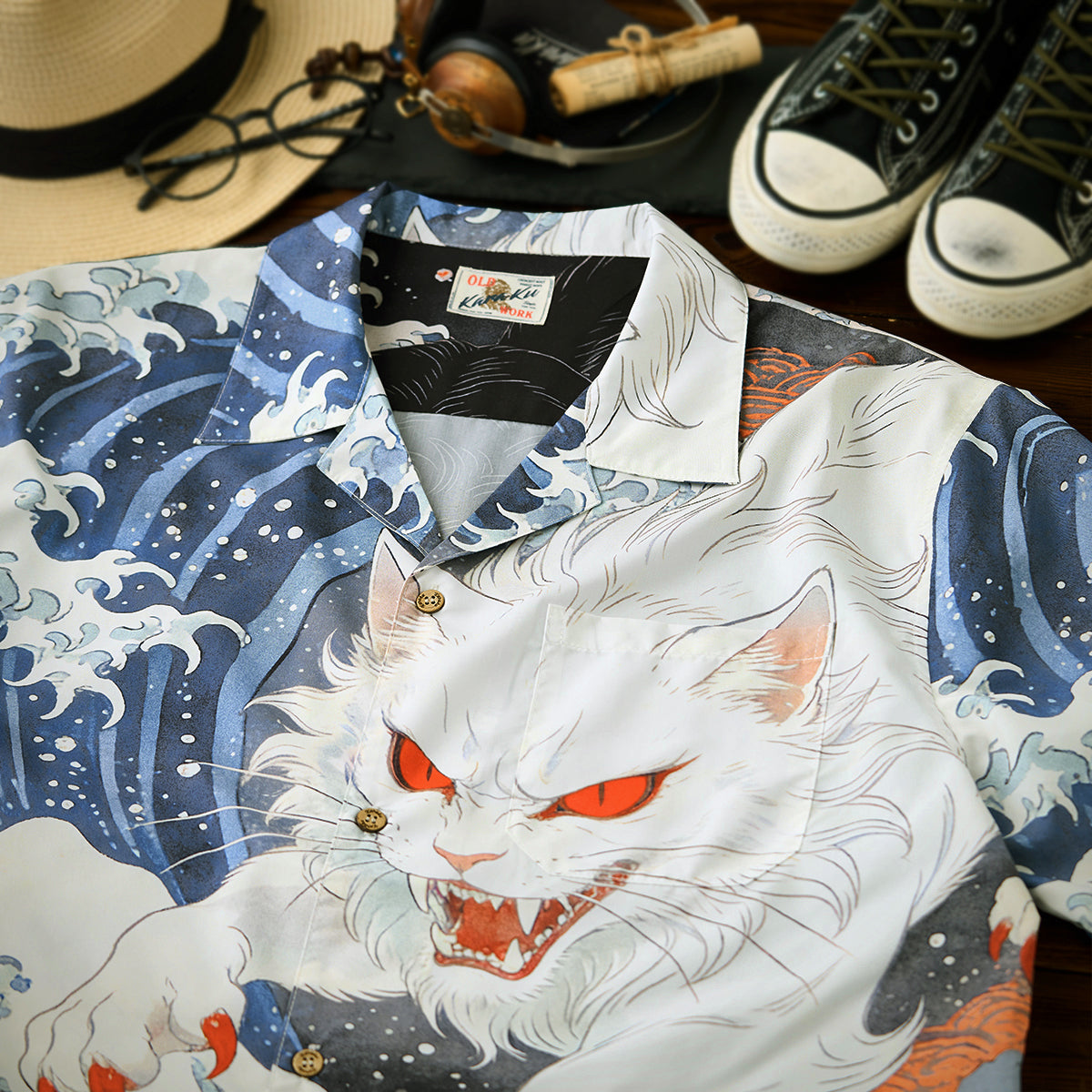 沖浪裏・踏波化け猫」前後アシンメトリープリントオープンカラーシャツ