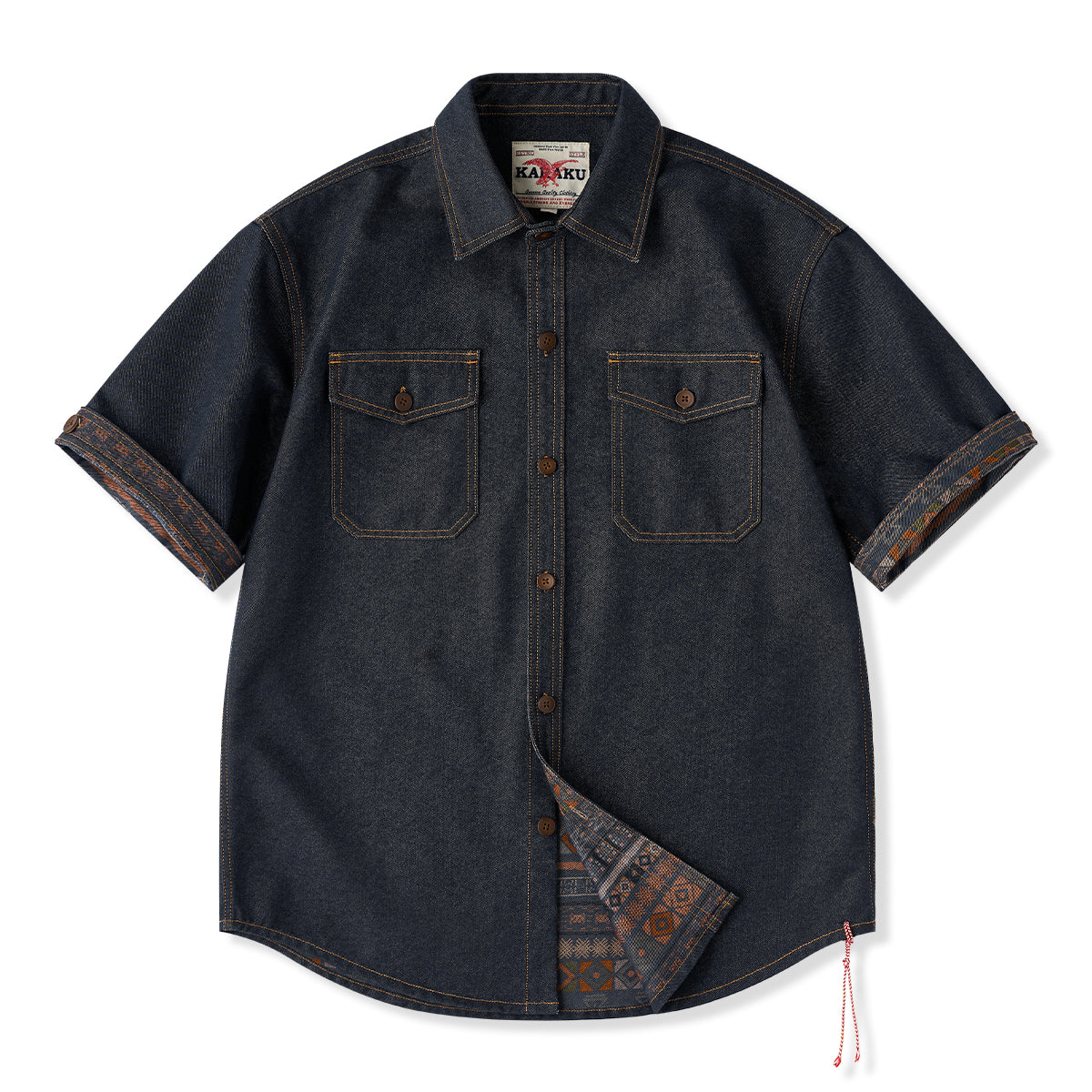 KaraKu」ロゴ刺繡 紅白ヒモ付き裏エスニック調柄デニムシャツ – Karakubuy