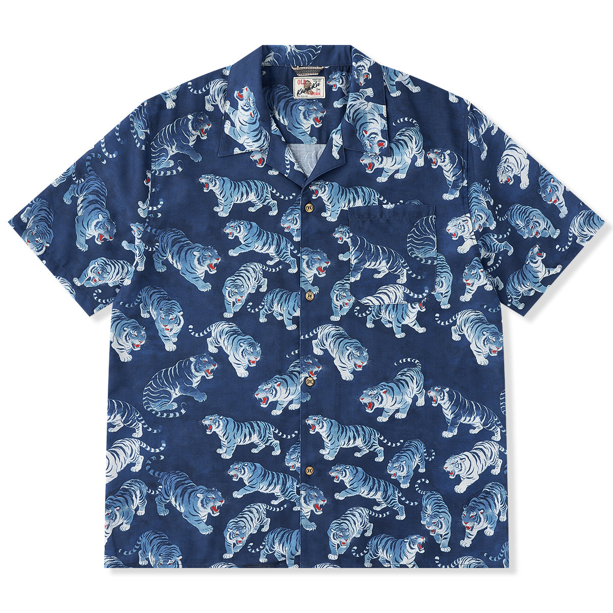 百虎の喧嘩」浮世絵風総柄 藍染め風アロハシャツ – Karakubuy