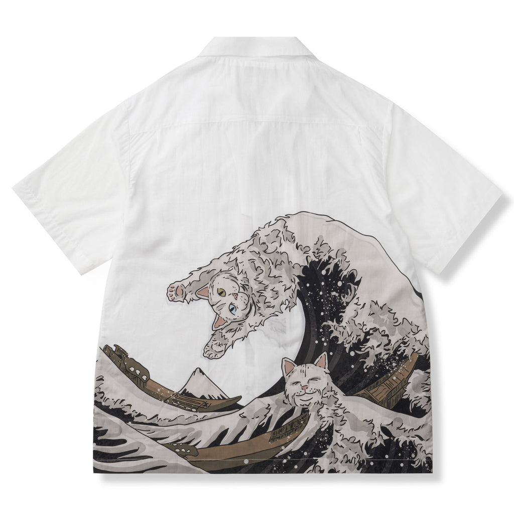 和柄『神奈川沖浪裏と波乗り猫』浮世絵風アロハシャツ