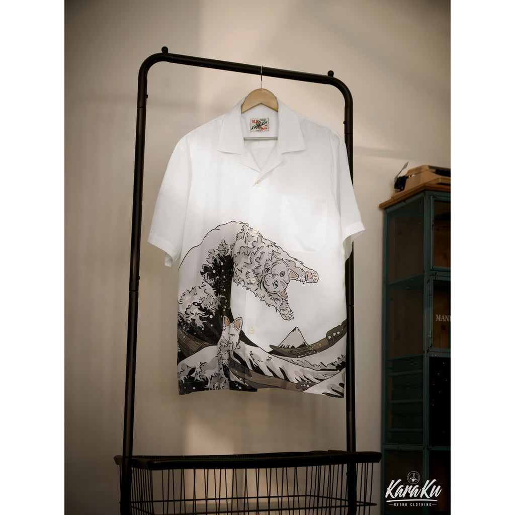和柄『神奈川沖浪裏と波乗り猫』浮世絵風アロハシャツ